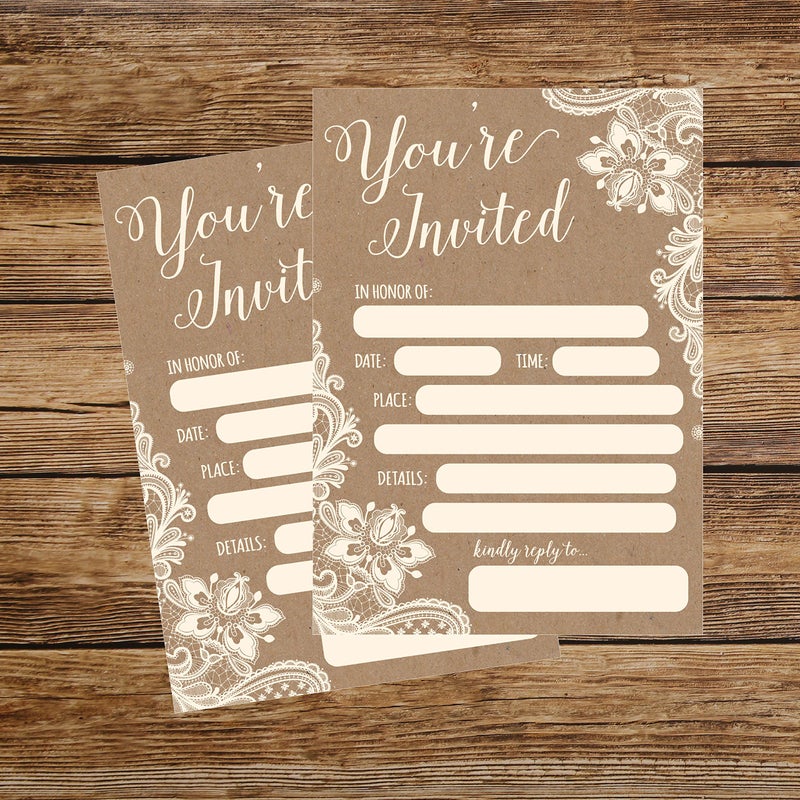 Hadley Designs 50 Fill in Invitations, Burlap and Lace, Kraft, Wedding, Bridal Shower Invitations, Rehearsal Dinner, Invites, Baby Shower Invite, Bachelorette Party Invites, Engagement, Graduation - Image 3